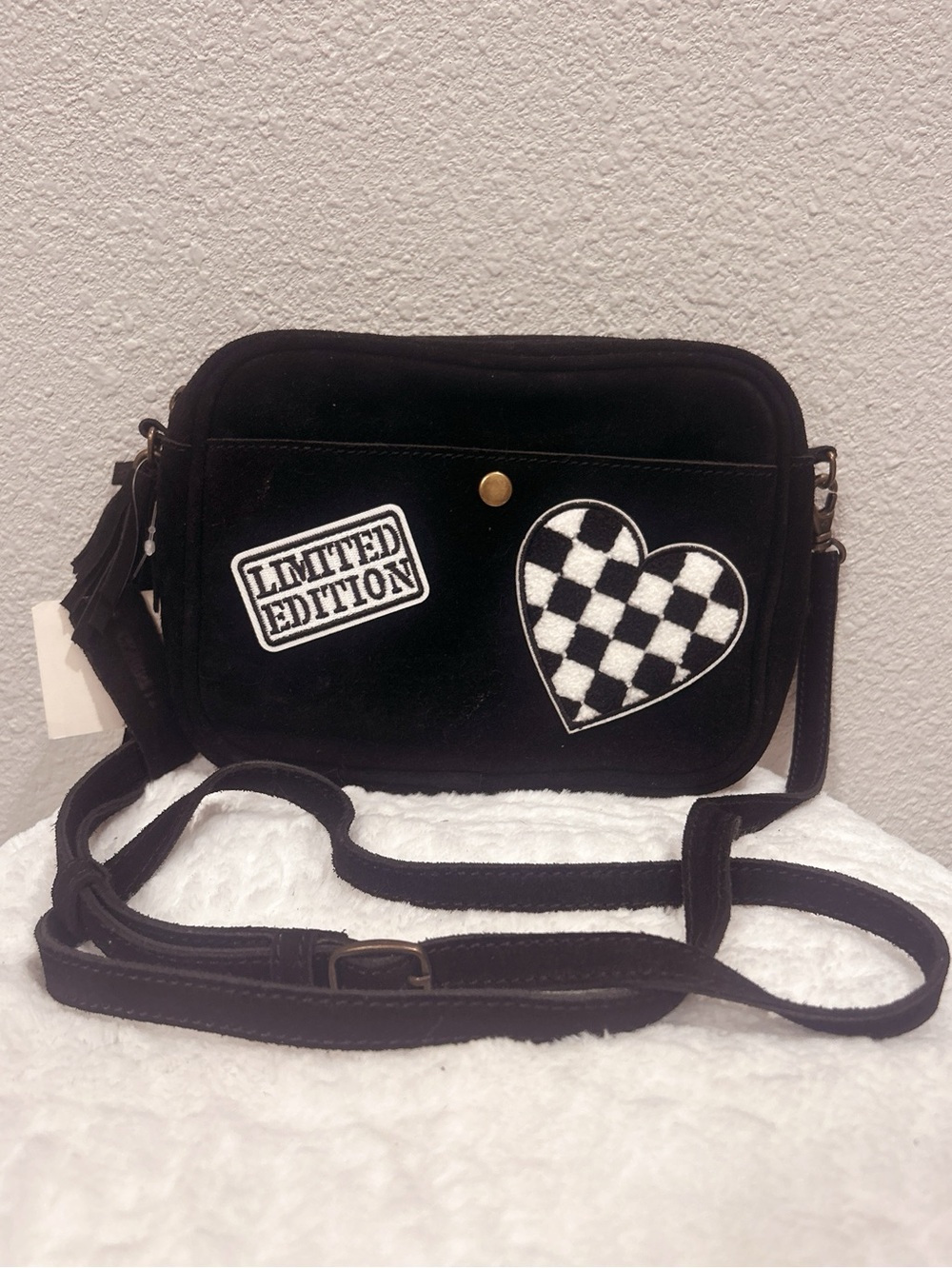 Black Suede Leather  Crossbody with Limited Edition Checker Heart Patch NWT